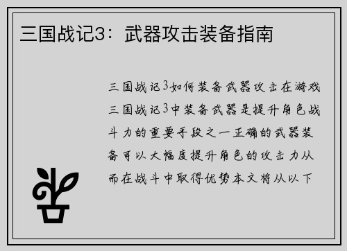 三国战记3：武器攻击装备指南
